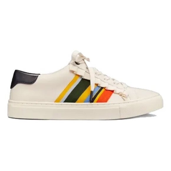 Tory Burch Sport Ruffled Rainbow Striped Leather Sneakers Size 9.5 Preppy $228 - Picture 2 of 16